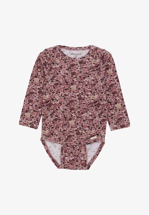Langarm bodysuit met een bloempatroon in bordeauxrood, roze en crème op zachte stof. Inclusief drukknoopsluiting en merklabel aan de onderrand.