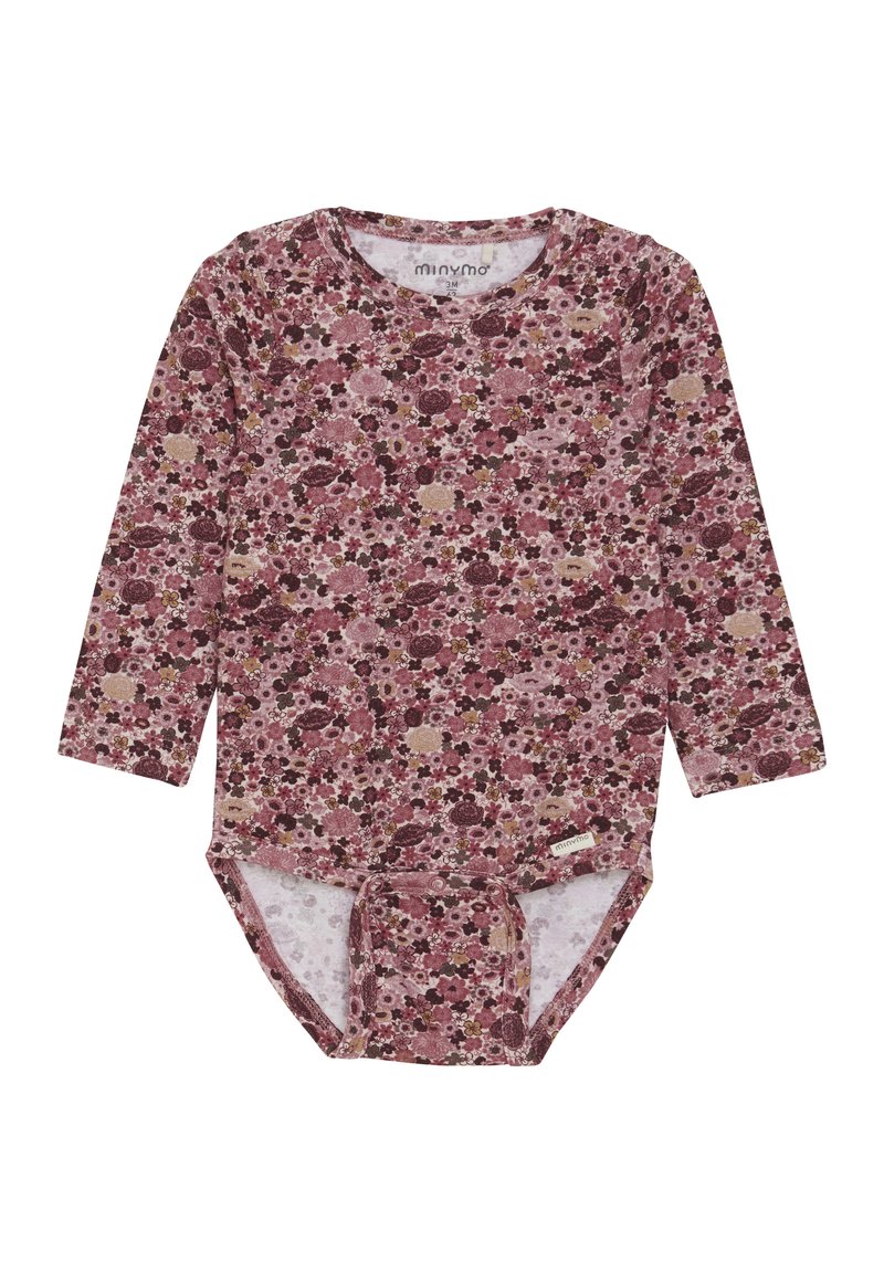 Langärmliger Bodysuit mit floralem Muster in Bordeaux, Rosa und Creme aus weichem Stoff. Enthält einen Druckverschluss und ein Markenetikett am Saum.