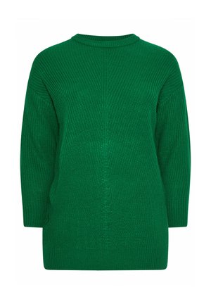 Groene gebreide trui met een ronde halslijn, verlaagde schouders en een losse pasvorm. Beschikt over geribbelde manchetten en een gestructureerd patroon door de hele trui.