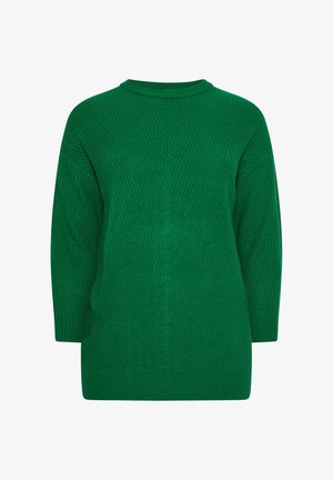 Groene gebreide trui met een ronde halslijn, verlaagde schouders en een losse pasvorm. Beschikt over geribbelde manchetten en een gestructureerd patroon door de hele trui.