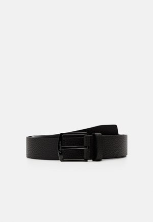 Black leather belt with a textured finish, featuring a rectangular silver buckle with a smooth edge. Versatile design suitable for various outfits.