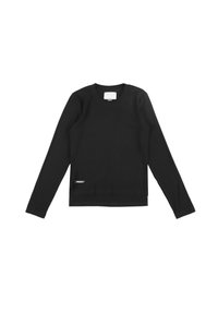 Czarna koszula z długim rękawem wykonana z prążkowanej tkaniny. Posiada okrągły dekolt i małą metkę z logo w pobliżu brzegu. Gładka faktura z dopasowanym krojem.