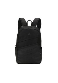 Zaino nero con spallacci regolabili, realizzato in tessuto resistente. Presenta una tasca frontale con zip e lettering in rilievo sulla parte anteriore inferiore.