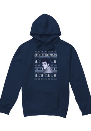 Navy hoodie with "Blue Christmas" text, a black-and-white portrait of a man, and patterned Christmas trees, musical notes, and gingerbread figures.