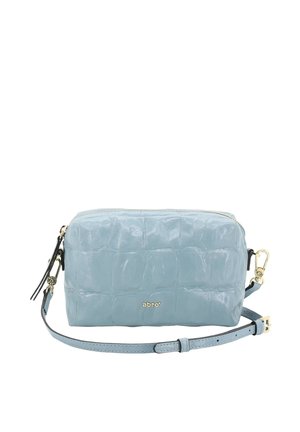 Light blue small crossbody bag with crocodile texture, gold-tone zipper and logo, and adjustable strap with gold clasp.