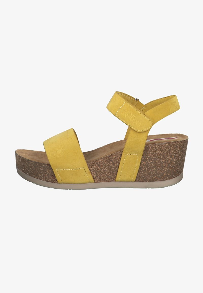 Yellow suede wedge sandal with two wide straps and a cork platform. Features a velcro ankle strap and a textured insole.