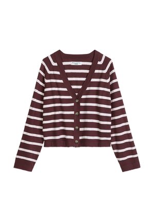 Weinroter Cardigan mit weißen horizontalen Streifen, V-Ausschnitt, langen Ärmeln und vier Knöpfen an der Vorderseite.