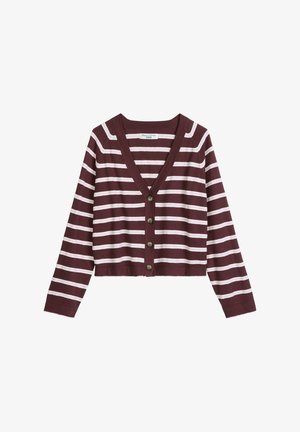 Cardigan marron avec des rayures blanches horizontales, col en V, manches longues et quatre boutons sur le devant.