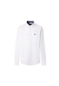 Chemise blanche à manches longues et à boutons, en coton ; elle présente un col, une poche poitrine unique et un petit logo sur la poche.