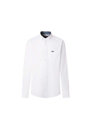 White long-sleeve button-up shirt made of cotton; features a collar, single chest pocket, and a small logo on the pocket.