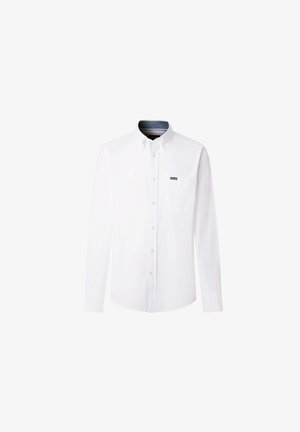 Camicia bianca a maniche lunghe con bottoni in cotone; presenta un colletto, una tasca sul petto e un piccolo logo sulla tasca.
