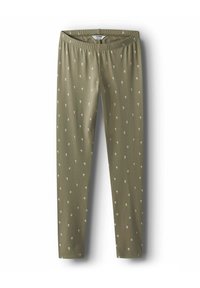 Leggings verde oliva realizzati in tessuto morbido, con un motivo floreale sparso in bianco. Vita elastica per il massimo comfort.