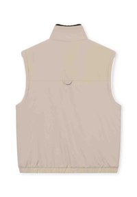Béžová bezrukávová vesta s vysokým golierom, s hladkým povrchom, elastickým spodným lemom a diskrétnym detailom zadnej vrecka.