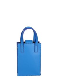 Piccola borsa strutturata in pelle blu uniforme con due manici superiori. Presenta linee pulite, cuciture minime e una base piatta per la stabilità.