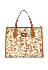 Borsa a tote con motivo floreale, in tessuto testurizzato color crema, accentuata da manici e bordi in pelle tan, con un logo centrale.