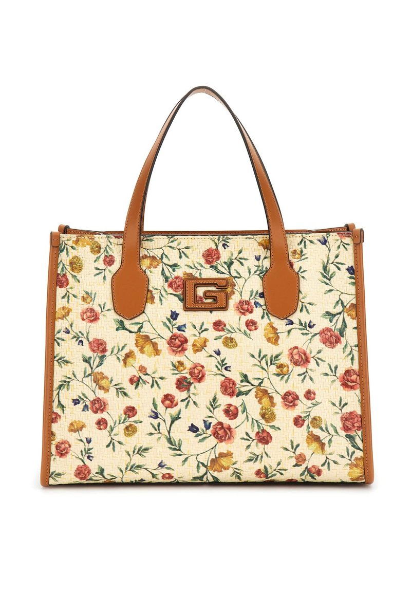 Borsa a tote con motivo floreale, in tessuto testurizzato color crema, accentuata da manici e bordi in pelle tan, con un logo centrale.