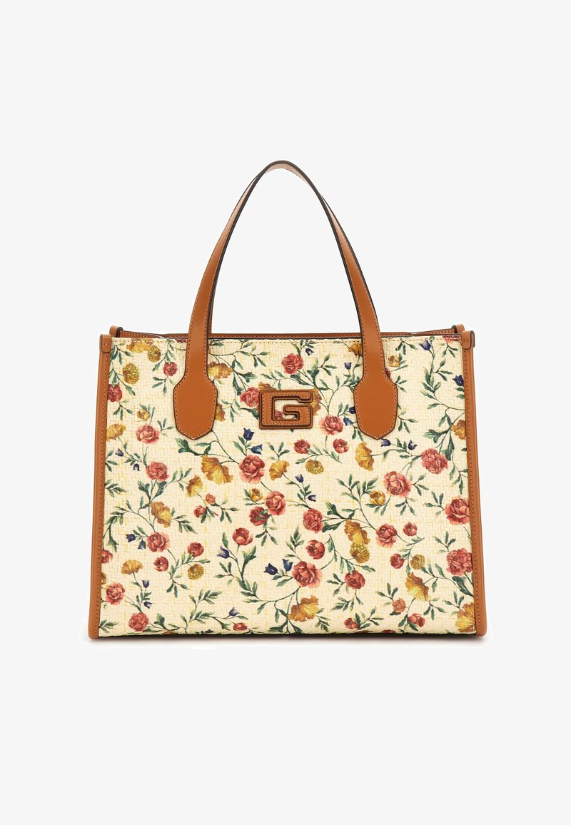 Borsa a tote con motivo floreale, in tessuto testurizzato color crema, accentuata da manici e bordi in pelle tan, con un logo centrale.