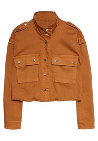 Skåret jakke i brændt orange denim med sølvtrykknapper, to forlommer og en hævet krave. Glat tekstur, struktureret design.