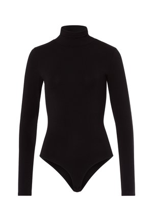 Zwart langarm bodysuit met een hoge hals. Gemaakt van soepel, rekbaar materiaal. Heeft een nauwsluitend silhouet en een drukknoopsluiting aan de onderkant.