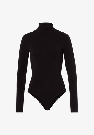 Body de manga larga negro con cuello alto. Fabricado con una tela suave y elástica. Presenta una silueta ajustada y cierre de botones a presión en la parte inferior.