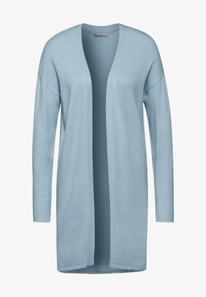 Helles blaues Strickjacke aus weichem, gestricktem Material. Hat einen offenen Vorderteil, lange Ärmel und eine lockere Passform mit gerippten Akzenten an den Bündchen.