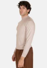 Maglione beige a maniche lunghe con un design aderente, realizzato in un tessuto morbido, con collo alto e un sottile dettaglio del logo vicino all'orlo.