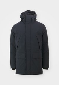 Navy blue insulated jacket with a high collar, adjustable hood, and two large front pockets. Smooth, matte fabric finish, long sleeves.