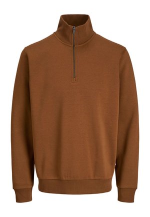 Bruine pullover gemaakt van zachte stof, met een hoge kraag en een gedeeltelijke ritssluiting. Geribbelde manchetten en zoom zorgen voor een comfortabele pasvorm.