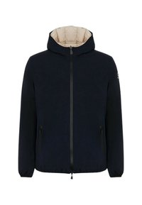 Giacca con cappuccio blu navy, con zip frontale, polsini elasticizzati, due tasche laterali con zip e un rivestimento interno beige a contrasto. Tessuto con texture liscia.