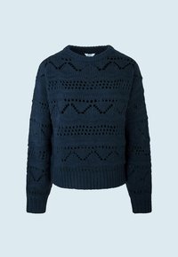 Marineblauwe gebreide trui met opengewerkte patronen. Voorzien van een ronde hals en geribbelde manchetten, gemaakt van een gestructureerde stof voor comfort.