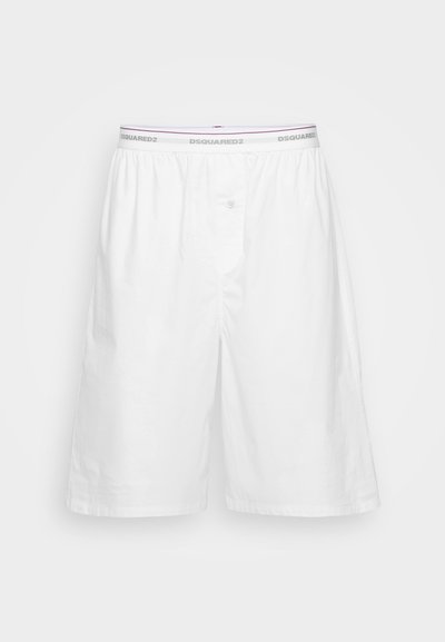 Weiße Baumwollshorts mit Knopfverschluss, elastischem Bund mit grauem DSQUARED2-Logo und geradem Beinansatz. Glatte Textur, keine Muster.