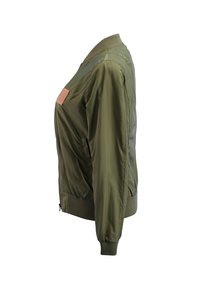 Olive green bomber jacket with a zip front, ribbed collar and cuffs, side pockets, and a brown leather patch on the chest.