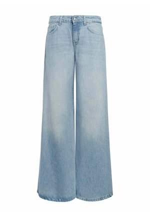 Jean en denim bleu clair à jambes larges avec fermeture à bouton et zip à l'avant, poches avant et passants de ceinture.