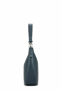 Sac à main en cuir bleu sarcelle foncé, doté d'une finition texturée, d'une forme triangulaire élégante et d'une poignée courte avec des accessoires métalliques.