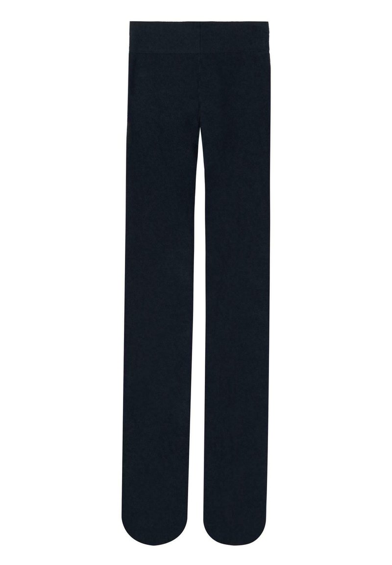 Pantaloni a gamba dritta blu navy con una trama liscia e vita elasticizzata. Nessuna tasca visibile o accentuazioni decorative.
