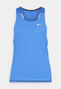 Blaues Nike Lauf-Tanktop mit rundem Halsausschnitt, ärmellosem Design und einer subtilen perforierten Textur. Logo-Akzent auf der Vorderseite.