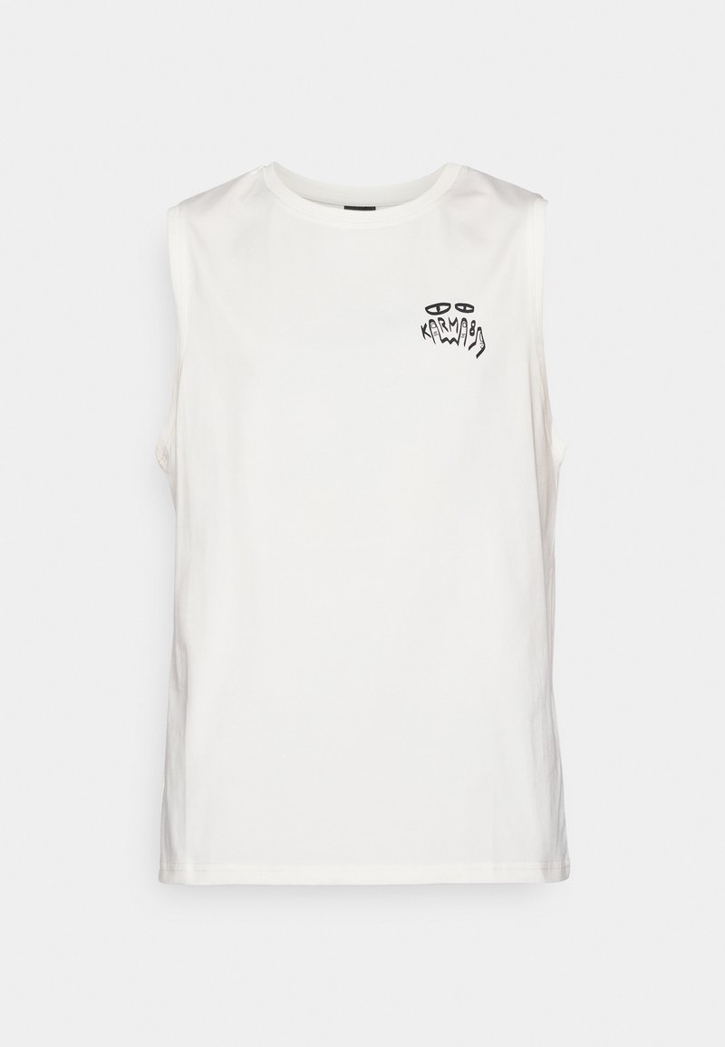 Sleeveless white cotton shirt with round neckline and small black graphic text "Karma" with eyes and hand design on the left chest.