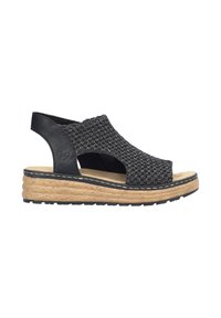 Czarne sandały z plecionego materiału z dwoma wycięciami, wyściełanym skórzanym wkładem oraz podeszwą w kształcie korka.