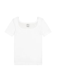 T-shirt bianco in cotone con maniche corte e scollo quadrato. Presenta un'etichetta al centro, una texture liscia e una vestibilità ampia.