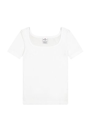 T-shirt bianco in cotone con maniche corte e scollo quadrato. Presenta un'etichetta al centro, una texture liscia e una vestibilità ampia.