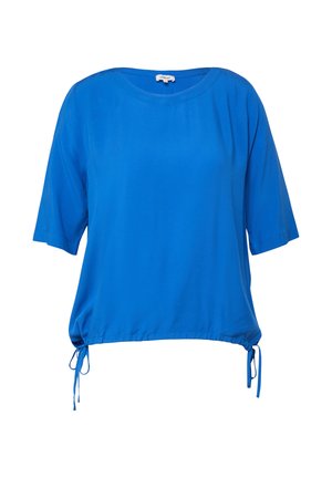 Blaue Bluse mit kurzen Ärmeln, rundem Ausschnitt und verstellbaren Kordeln am Saum.