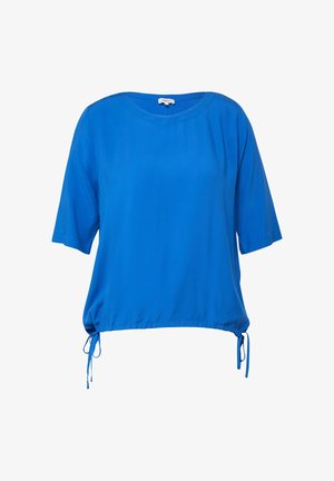 Blaue Bluse mit kurzen Ärmeln, rundem Ausschnitt und verstellbaren Kordeln am Saum.
