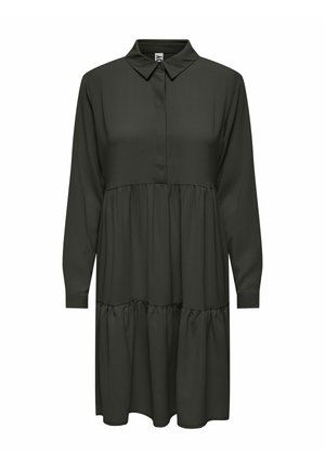Abito camicia verde scuro con colletto, maniche lunghe e orlo a balze sovrapposte, realizzato in un tessuto morbido e leggero.