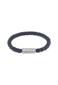 Granatowy pleciony bransoletka z tekstyliów z prostokątnym srebrnym zapięciem z logo z nazwą marki "GUESS."