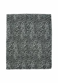 Square scarf made of soft fabric featuring a black and gray leopard print pattern, with a smooth texture and rolled edges.