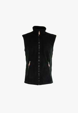 Czarna polarowa kamizelka z wysokim kołnierzem, pełnym zamkiem z przodu oraz dwoma zasuwanymi bocznymi kieszeniami. Miękka tekstura i bezrękawnikowy fason.