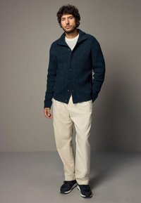 Cardigan tricotat de culoare teal închis, cu nasturi, design ajustat, purtat peste o cămașă în dungi, asortat cu pantaloni crem și teniși negri.