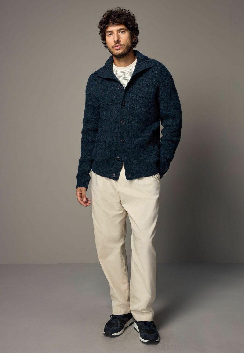 Cardigan tricotat de culoare teal închis, cu nasturi, design ajustat, purtat peste o cămașă în dungi, asortat cu pantaloni crem și teniși negri.