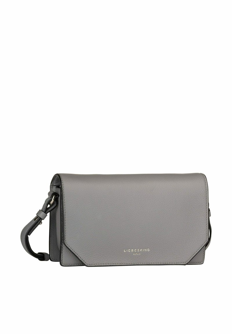 Gray leather crossbody bag, featuring a geometric flap design, soft texture, detachable strap, and gold logo accent.