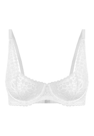 White lace underwire bra with adjustable straps and floral pattern, designed for support and comfort.